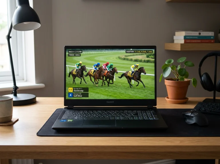 Laptop screen displaying a horse racing game in a library view with runners on a virtual track