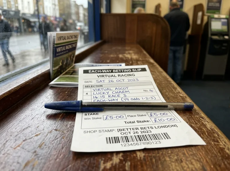Each-way bet slip filled in on a UK virtual horse racing market, resting on a betting shop counter