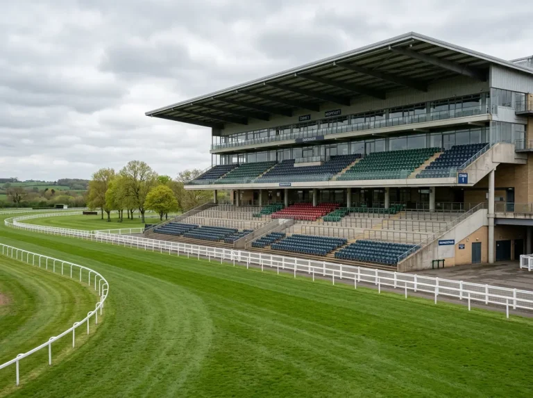 Empty UK racecourse grandstand in spring 2020 with no spectators and a quiet turf course