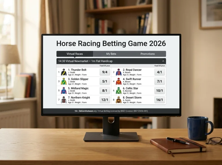 Virtual horse racing betting interface showing fixed odds, RNG-driven race cycle and UK regulatory markers on a punter's screen in 2026