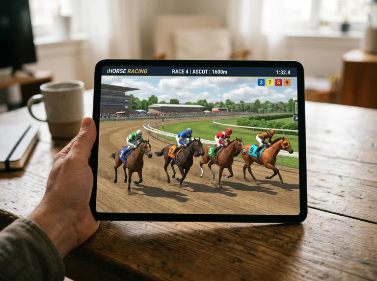 Tablet screen showing a horse racing game app with a virtual track view and runners in silks rounding a bend