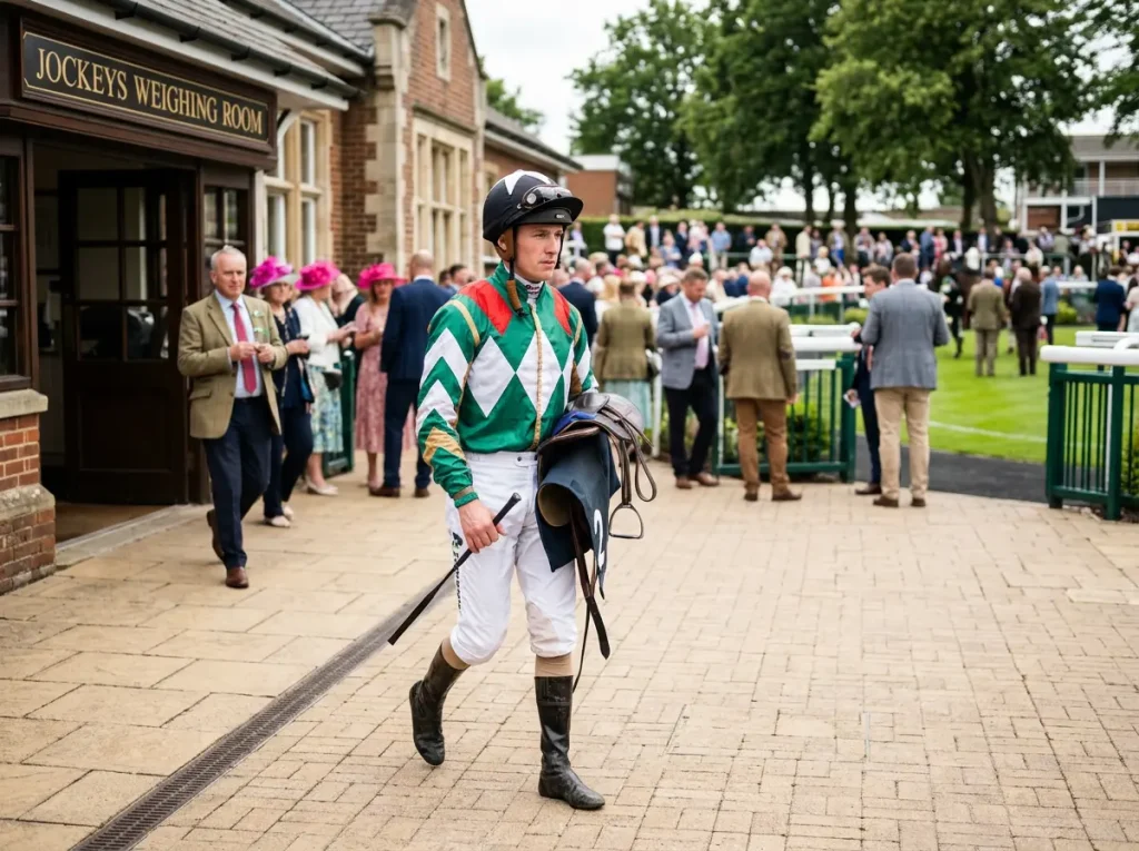 UK jockey in racing silks and helmet walking from the weighing room toward the paddock on a race day