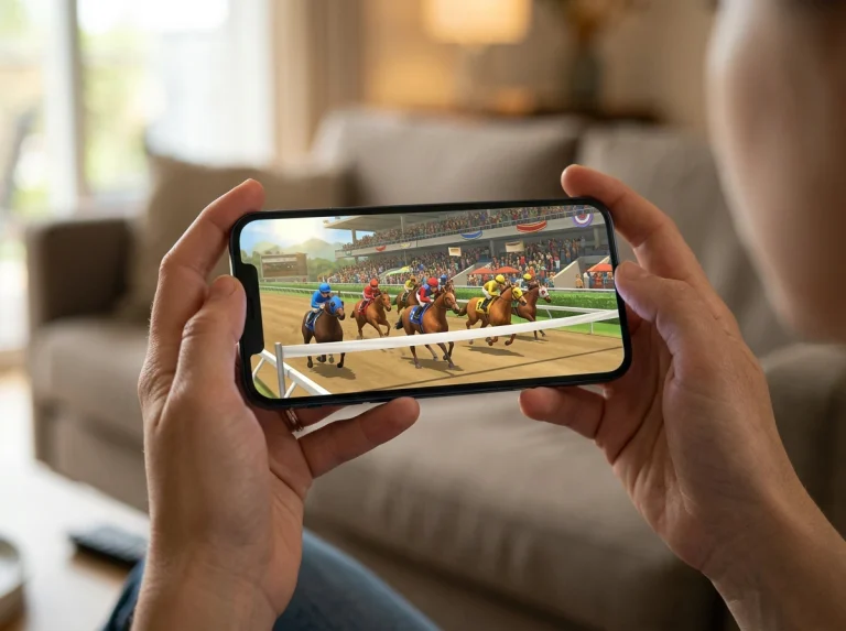 Mobile phone screen showing an animated horse racing scene with grandstands and a finishing line
