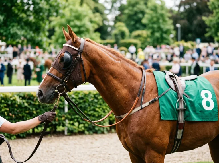 Close-up of a UK racehorse with bridle, blinkers and a numbered saddlecloth in the paddock before a Flat race