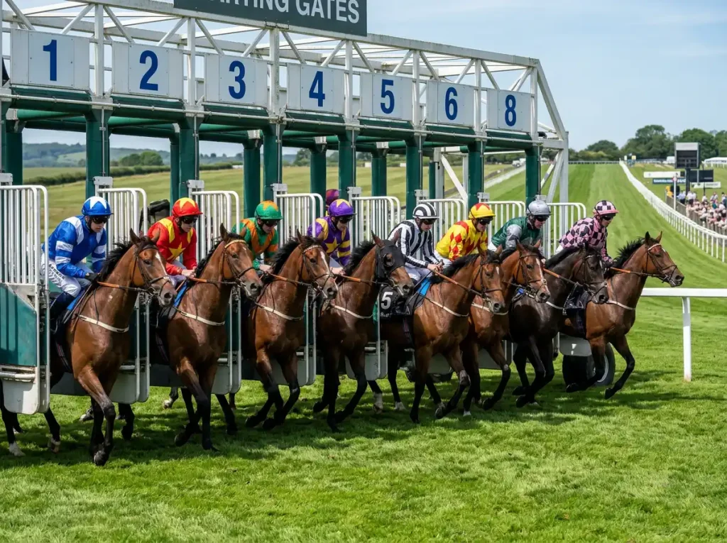 Eight UK Flat racehorses with jockeys in coloured silks loaded into the starting gates on a turf course