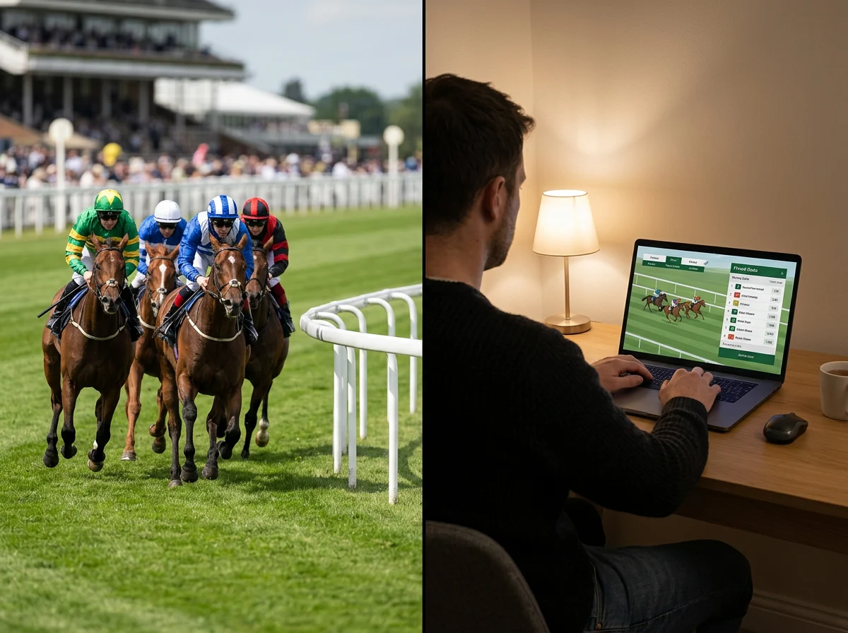 Split scene of a real UK turf racecourse on one side and a UK punter watching a virtual horse race on a laptop on the other