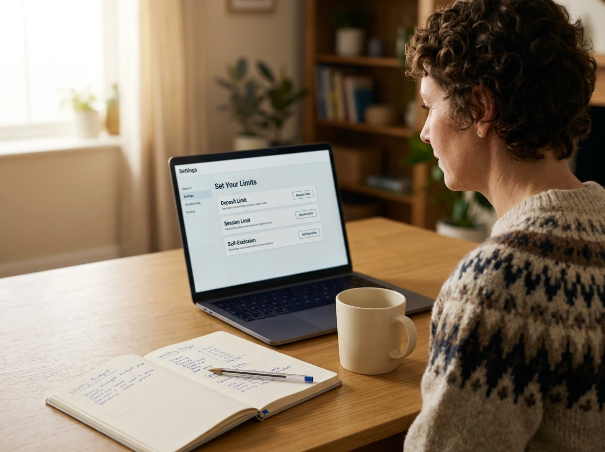 UK punter setting deposit and session limits on a virtual horse racing account before play, with a notepad listing the budget