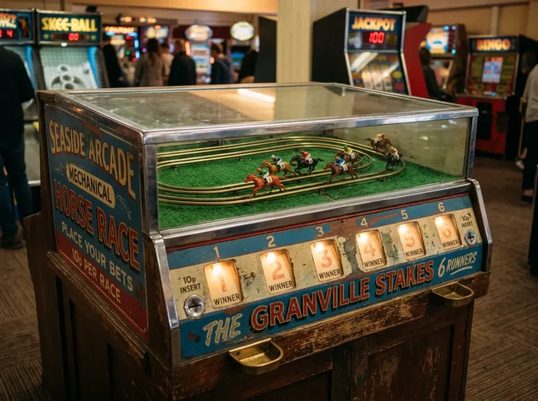 Vintage mechanical horse-race arcade machine on the seafront at a UK seaside resort