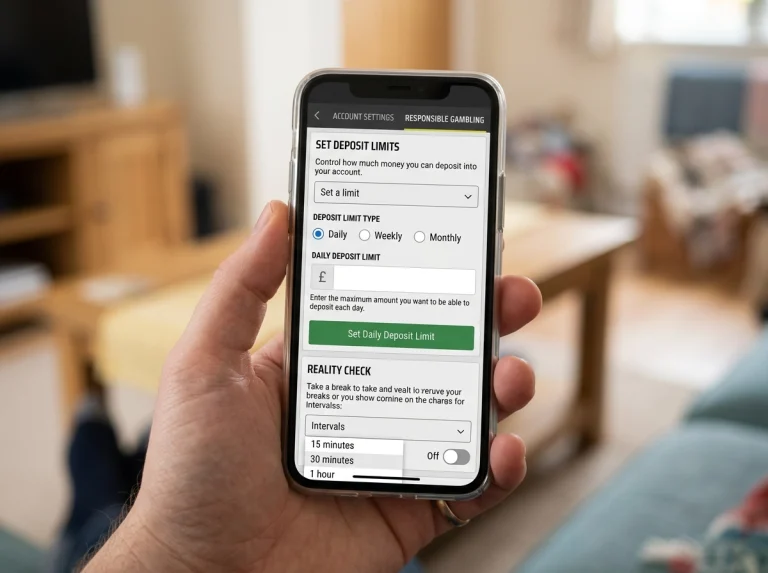Smartphone showing a UK bookmaker account settings screen with deposit limit and reality check controls