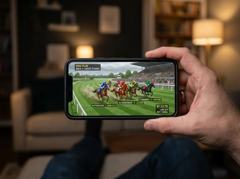 Smartphone screen showing a free-play horse racing simulator app with animated horses on a green turf course
