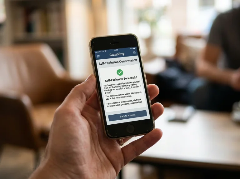 Smartphone showing a self-exclusion confirmation screen on a UK gambling account
