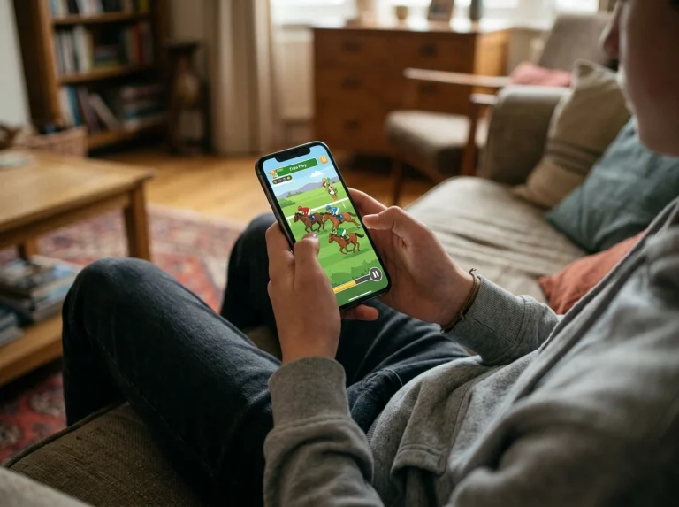 Teenager holding a smartphone in a living room with a free-play horse racing game on the screen