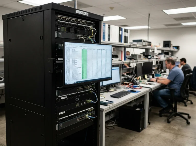 Software testing laboratory with a server rack and a monitor showing statistical output