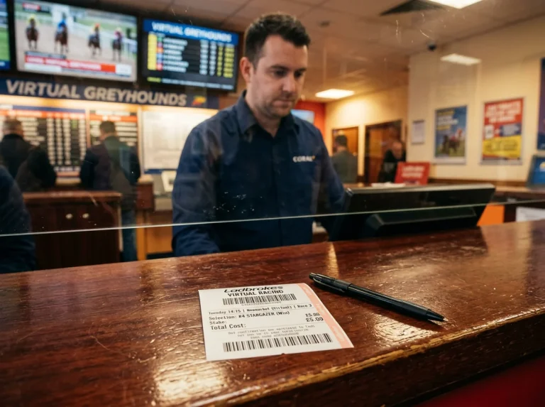 UK betting shop counter with a printed virtual racing slip on the surface and a member of staff visible at the till