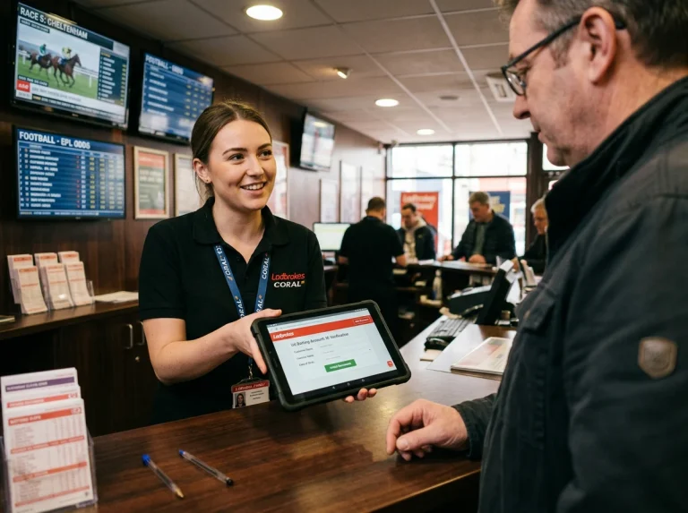UK betting shop staff member assisting a customer with an account identity verification on a tablet at the counter