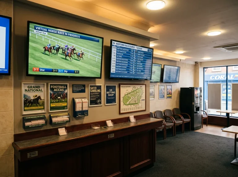 UK high-street betting shop interior with overhead screens showing virtual horse racing between real-race fixtures