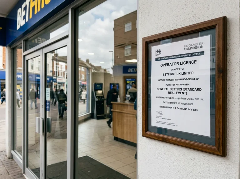 A UK Gambling Commission operator licence notice posted at the entrance of a betting shop