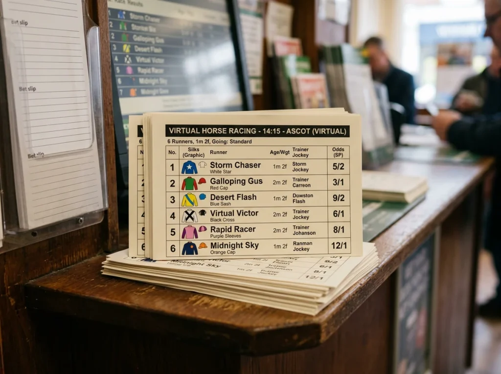 Stack of printed UK virtual horse racing cards on a shelf in a betting shop near the counter