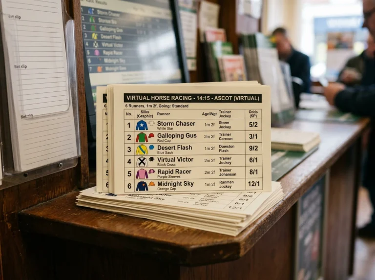 Stack of printed UK virtual horse racing cards on a shelf in a betting shop near the counter