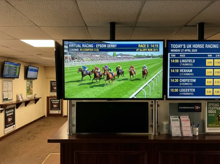 UK betting shop overhead screen showing a virtual horse race underway in early 2026 with empty real-race fixtures alongside