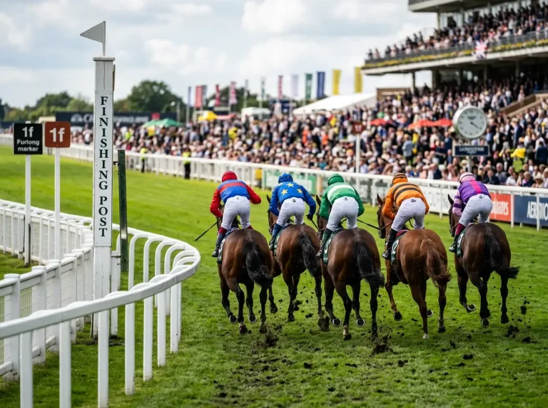 Field of UK Flat racehorses passing the finishing post with jockeys driving for the line