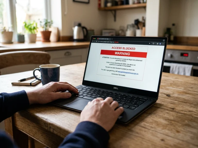 UK user looking at a laptop displaying a browser warning about an unlicensed gambling site