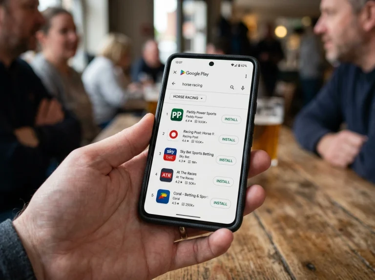 UK smartphone showing an app store search results screen with horse racing apps listed
