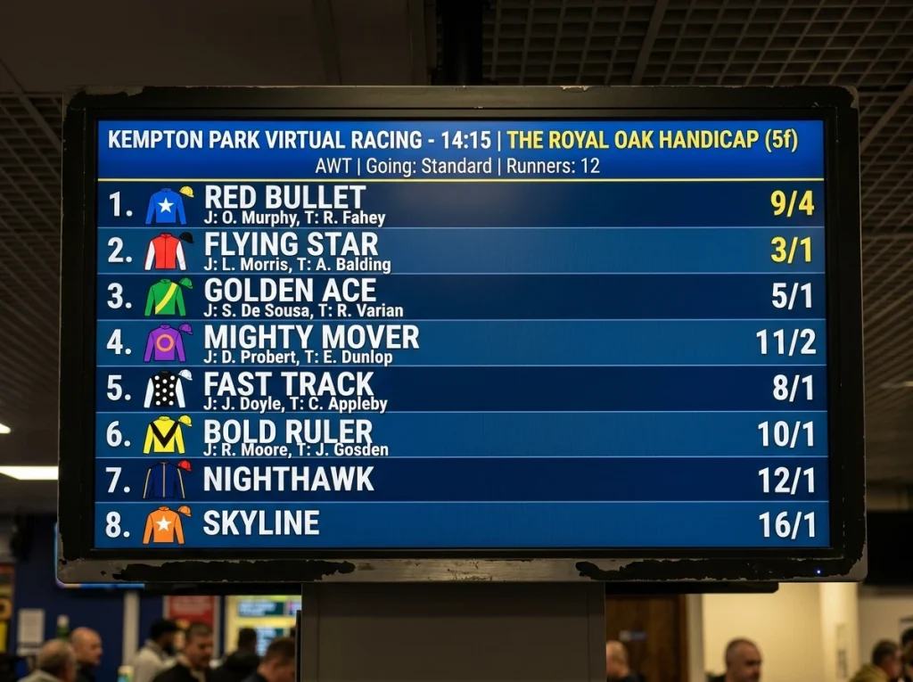 Close-up of a UK virtual horse racing card on a screen showing runners, silks and displayed odds