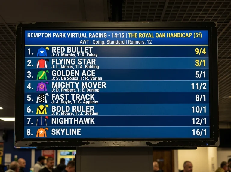Close-up of a UK virtual horse racing card on a screen showing runners, silks and displayed odds