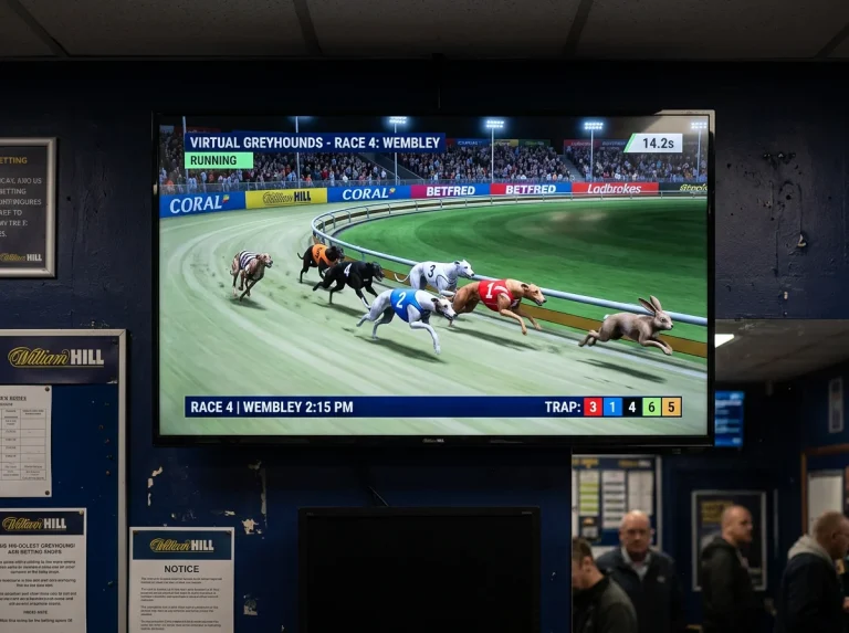 Overhead screen in a UK betting shop showing a virtual greyhound race in progress with six runners on a synthetic oval track