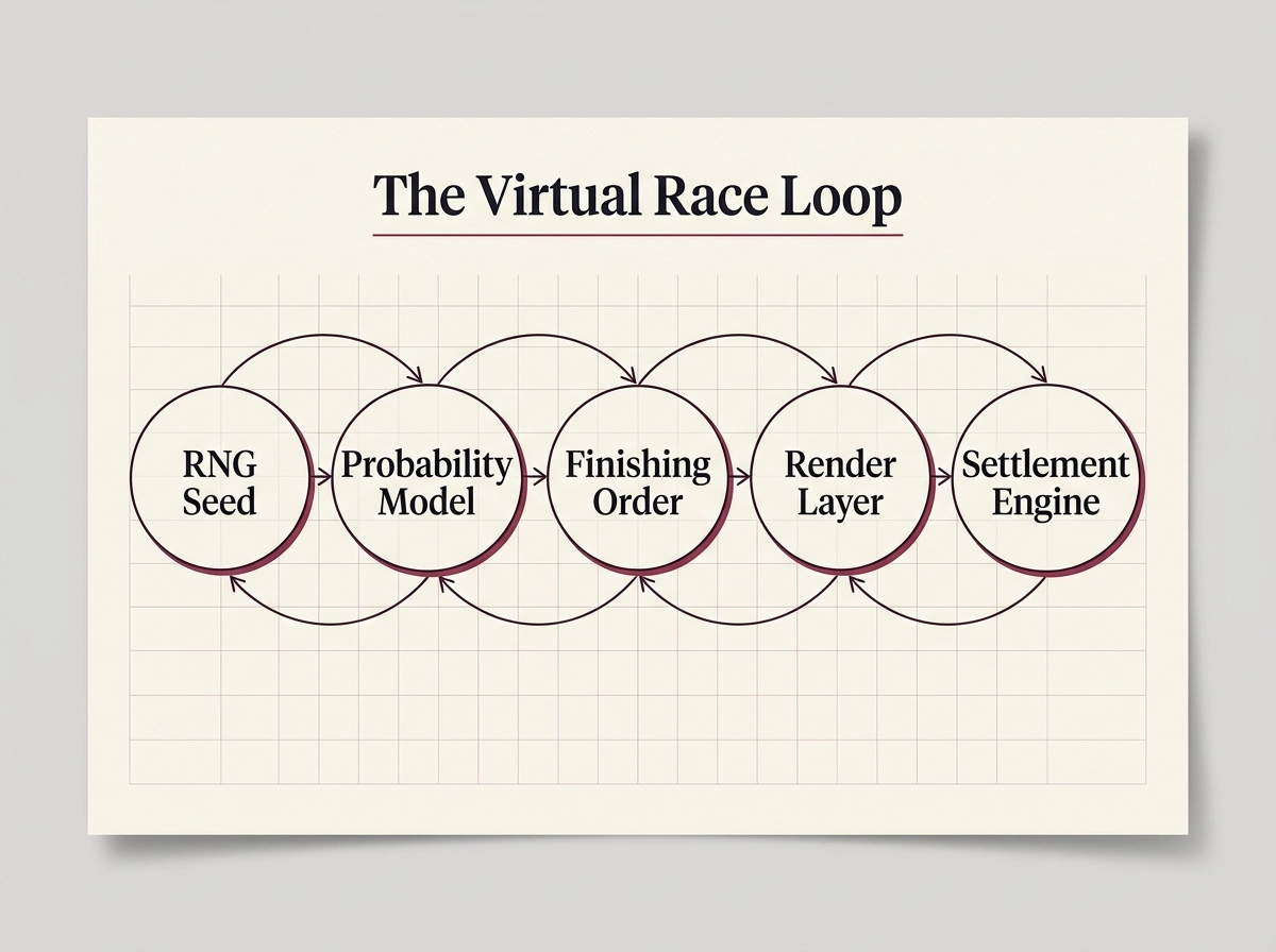 Diagram of the five-step RNG to render loop inside a virtual horse racing engine: seed, probability model, finishing order, render, settlement