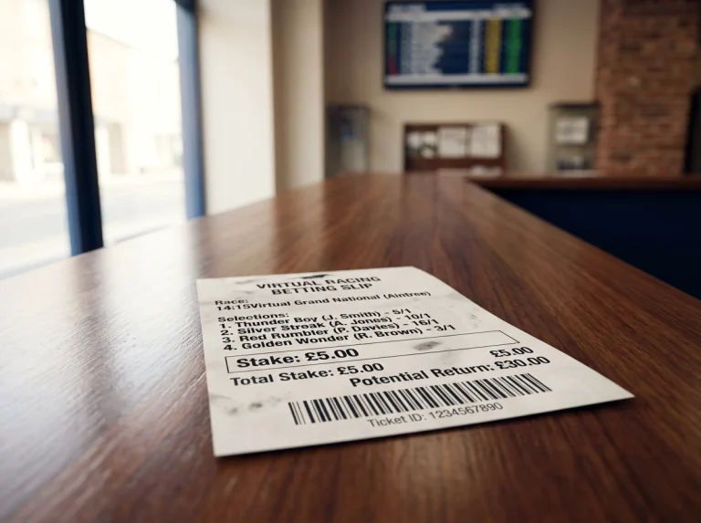 Close-up of a printed virtual horse racing betting slip on a wooden counter in a UK betting shop, showing runners and displayed odds