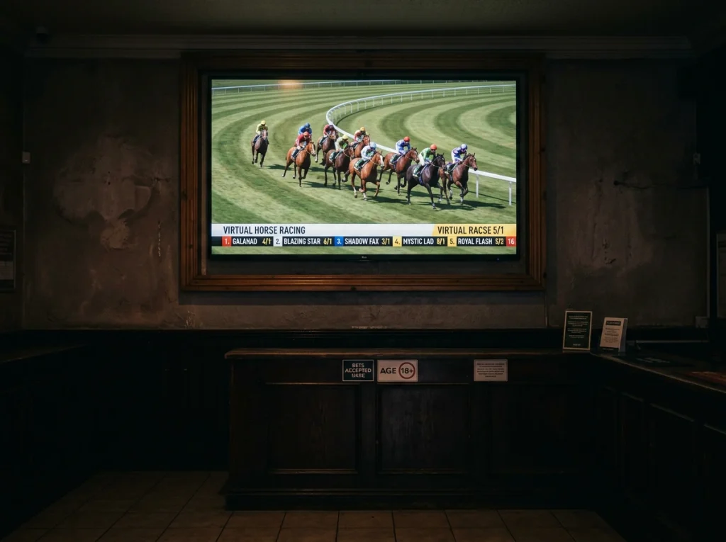 Virtual horse racing playing on a UK betting shop overhead screen with the race underway and on-screen odds visible