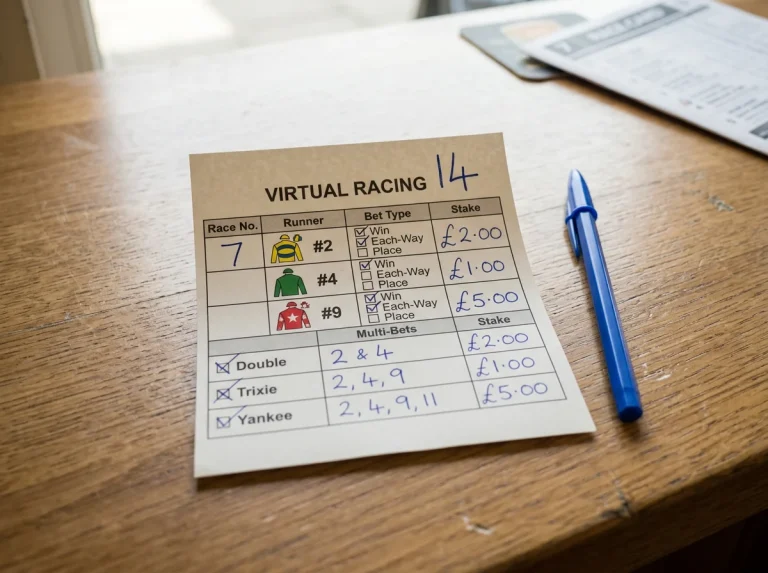 Printed UK virtual horse racing bet slip showing multiple bet-type options and runner odds