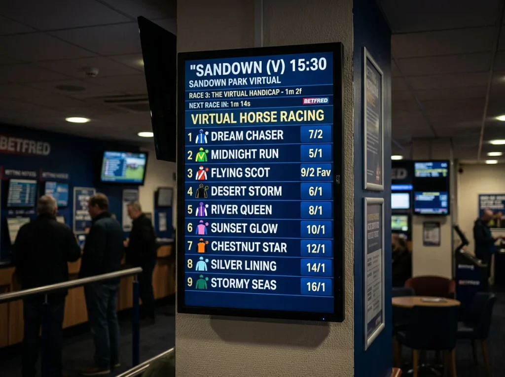 Overhead screen at a UK betting shop showing a virtual horse racing market with runner numbers and displayed odds