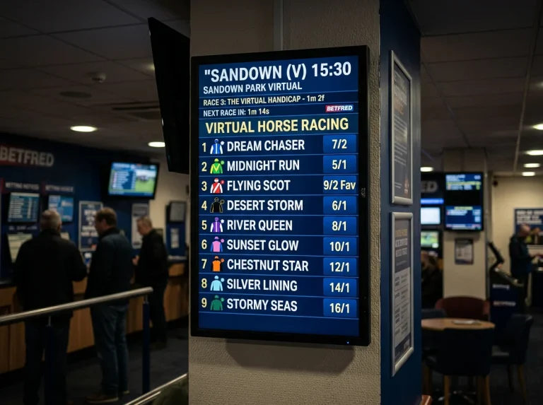 Overhead screen at a UK betting shop showing a virtual horse racing market with runner numbers and displayed odds