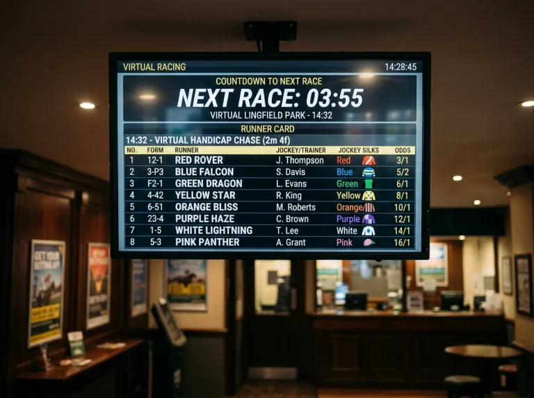 Virtual horse racing screen between races showing a countdown to the next race and a runner card